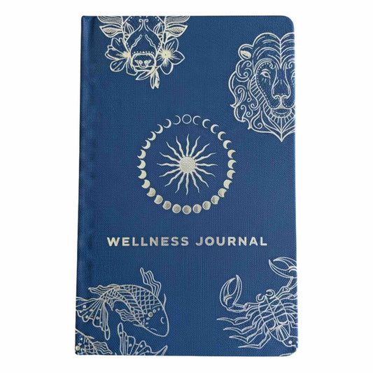 Midnight Blue Wellness Journal med 120 sidor och silver Zodiac-design.